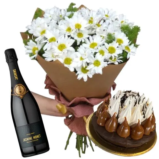 Ramo de flores margaritas blancas con torta y espumante